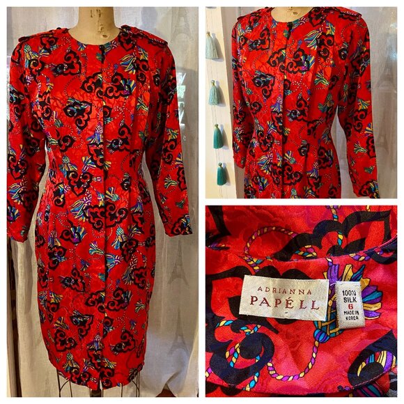 vtg 80s ADRIANNA PAPELL Red Tassel Print Silk Cocktail Dress Mod Wife Baroque 6 - Picture 1 of 10
